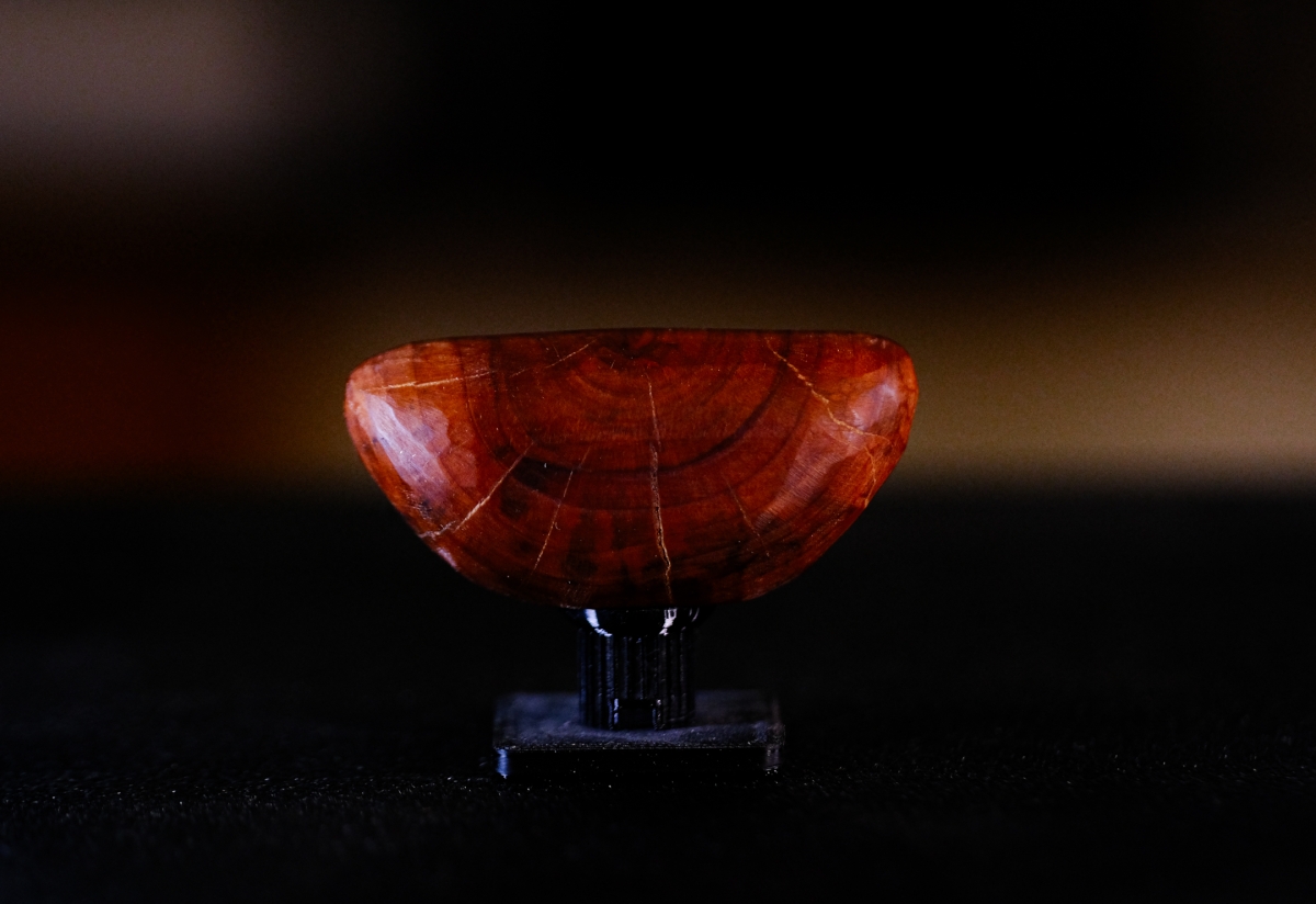 Polished reddish-brown wooden bowl with visible grain patterns displayed on black stand against dark background with warm lighting