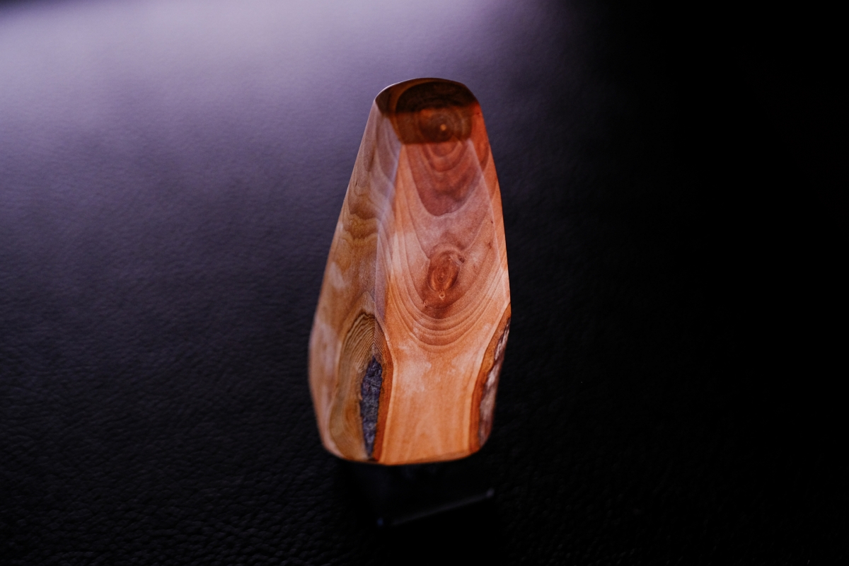 Polished wooden sculpture with natural grain patterns and knots, illuminated against dark background with purple-tinted lighting creating dramatic shadows