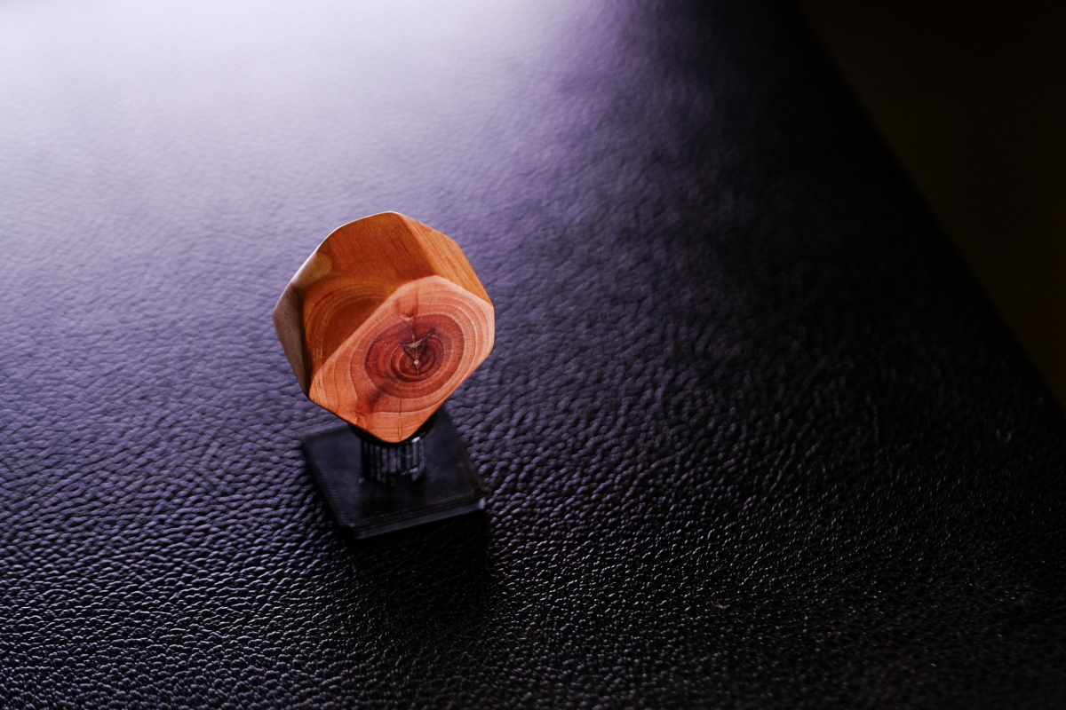 Wooden sculpture with natural tree ring patterns on black textured surface, warm orange-brown tones against dark background with purple lighting