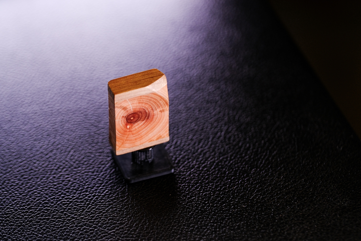 Wooden block with natural tree rings partially encased in dark resin, sitting on black textured surface under dramatic purple lighting