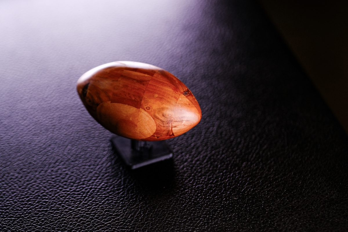 Polished reddish-brown wooden sculpture with curved organic form on dark textured surface, dramatically lit with warm amber tones and soft shadows