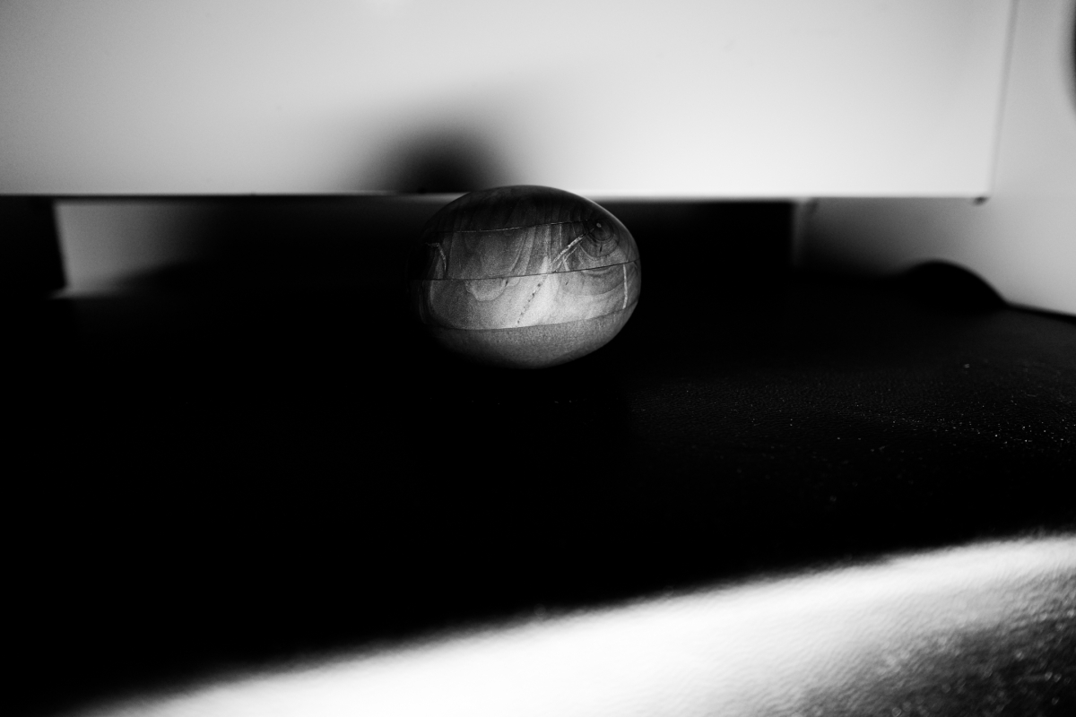 Black and white photo showing a smooth, rounded sculptural object with etched line patterns resting on a dark surface under dramatic lighting