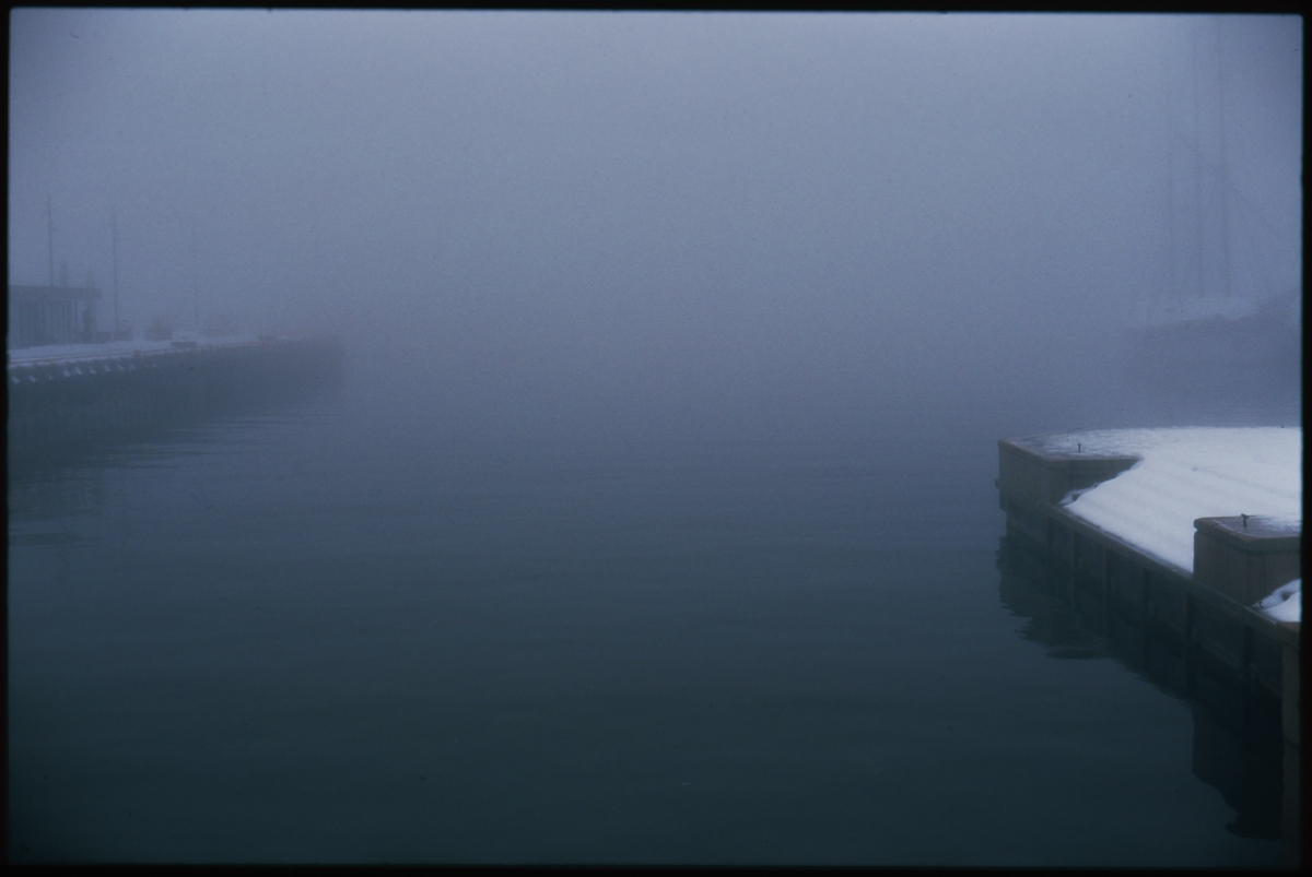 Misty harbor scene with dark teal water, snow-covered wooden dock extending into fog, creating moody atmospheric composition in blue-gray tones.