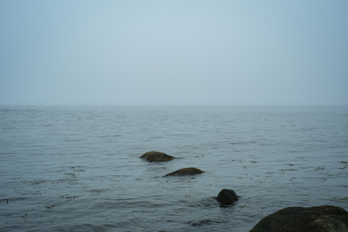Misty gray seascape with dark rocks scattered in calm water, creating a moody atmospheric scene with muted blue-gray tones throughout.
