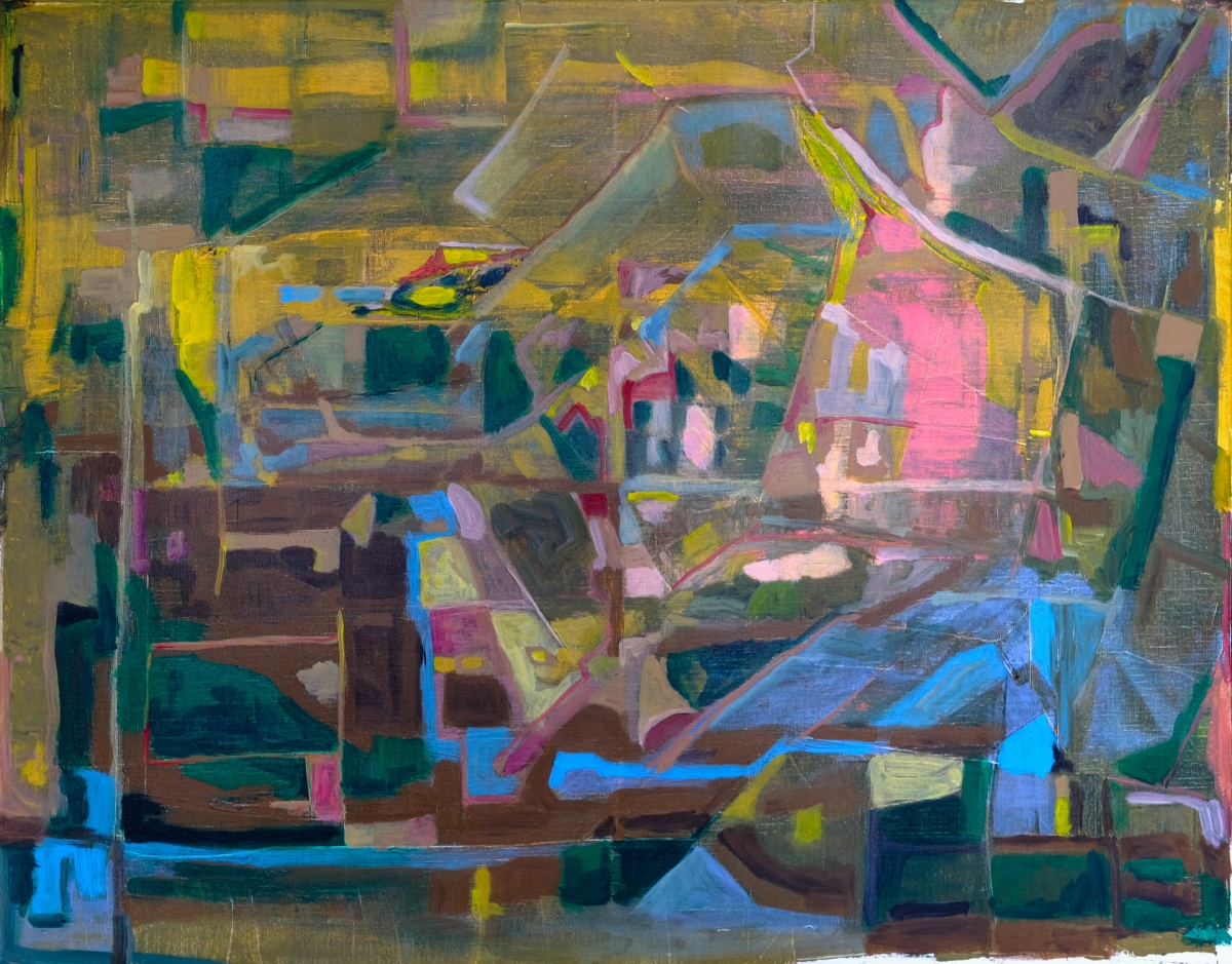 Abstract painting with overlapping geometric shapes in vibrant blues, yellows, pinks, and greens creating a complex, layered composition with translucent effects.