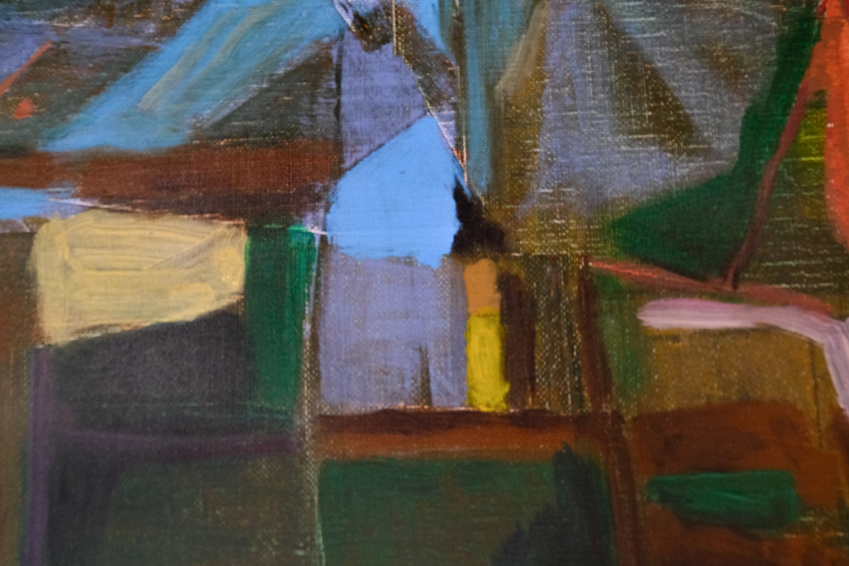Abstract expressionist painting with geometric planes of blue, green, brown, and yellow; visible canvas texture and gestural brushwork throughout.