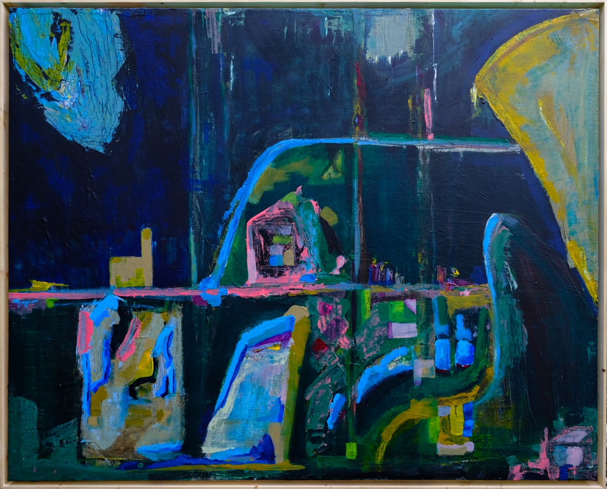 Abstract painting with bold blues, greens, and yellows depicting geometric forms and architectural elements in an expressionistic style against dark background.