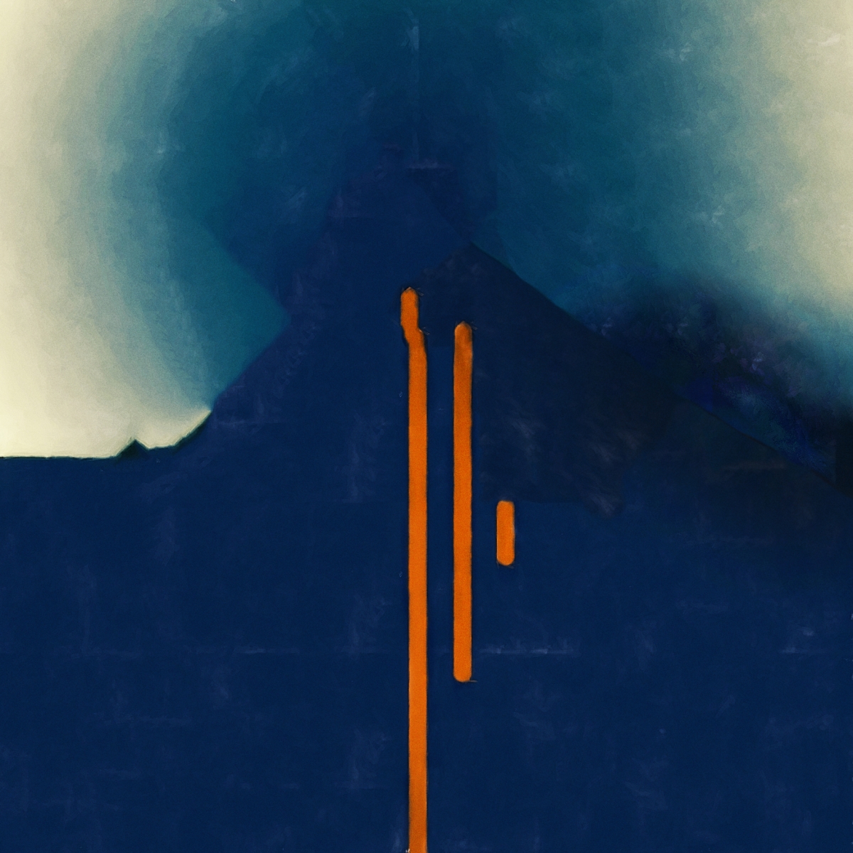 Abstract painting of a dark blue mountain silhouette against a hazy sky, with two tall orange vertical marks and a small dash below.