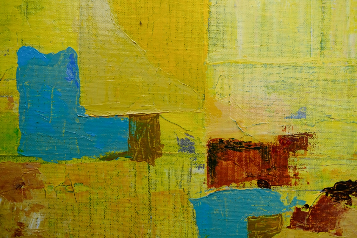 Abstract acrylic painting with bold blue and rust-brown geometric blocks over a textured yellow and gold background, expressive brushstrokes.