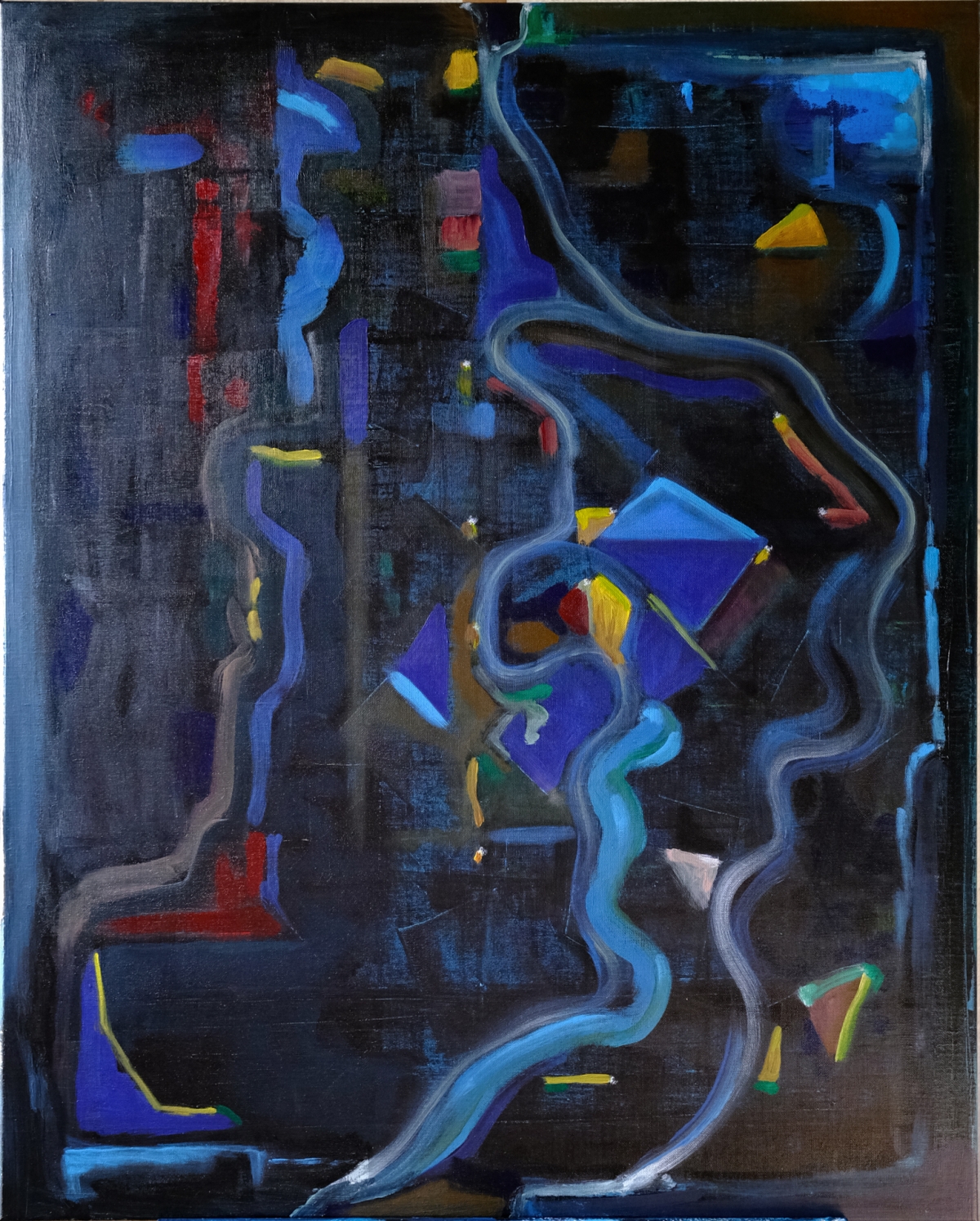 Abstract painting with dark background, flowing blue curved lines, geometric shapes in blue and yellow, creating a dynamic nighttime composition
