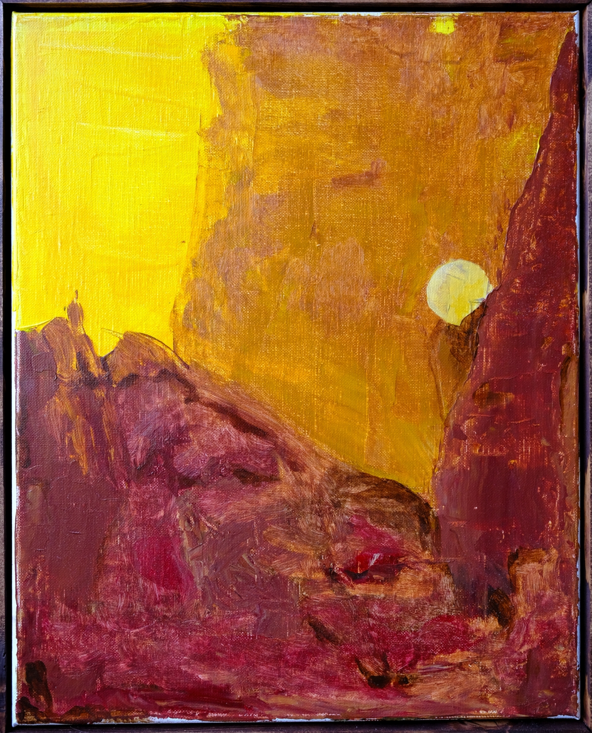 Abstract expressionist painting with vibrant yellow and orange upper half transitioning to deep burgundy and purple lower half, with visible brushstrokes and textural elements