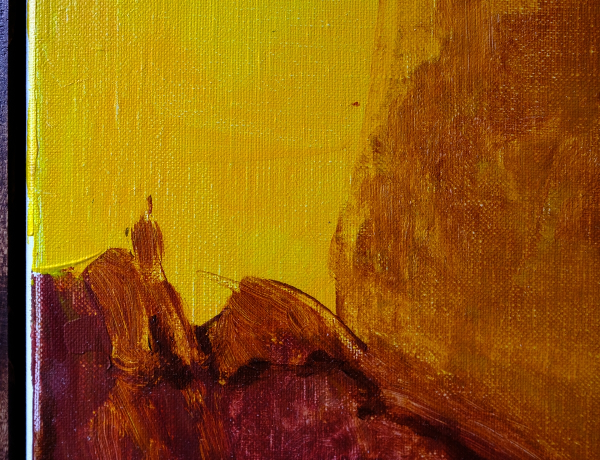 Abstract oil painting with warm yellow and golden tones transitioning to rich brown and burgundy brushstrokes in lower portion, textured canvas visible