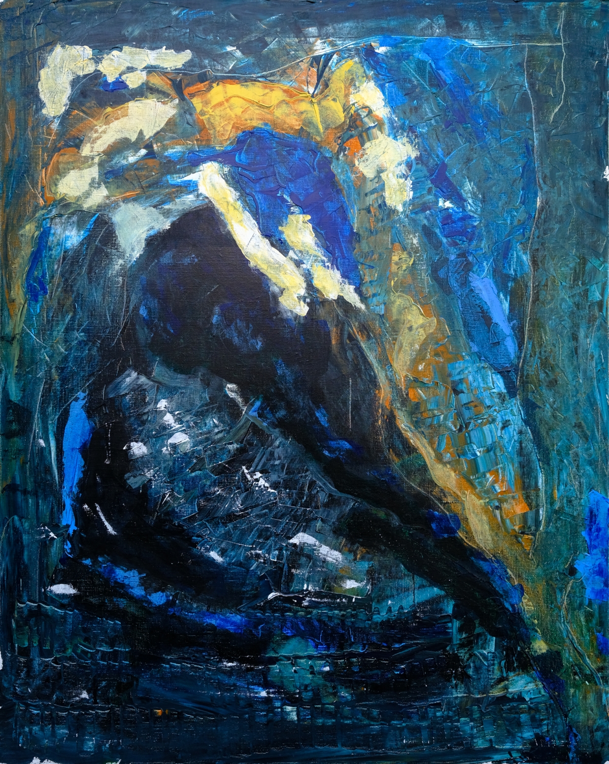 Abstract expressionist painting of a bull in motion with bold blues, yellows, and blacks creating dynamic energy and movement