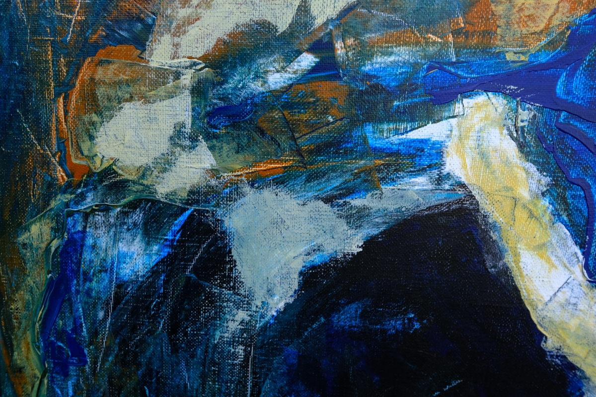 Abstract expressionist painting with bold brushstrokes in deep blues, teals, burnt orange, white and yellow creating dynamic movement and texture