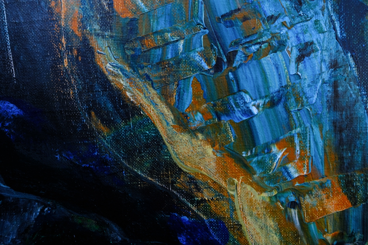 Abstract oil painting with bold blue and orange brushstrokes creating dynamic texture and movement against dark background