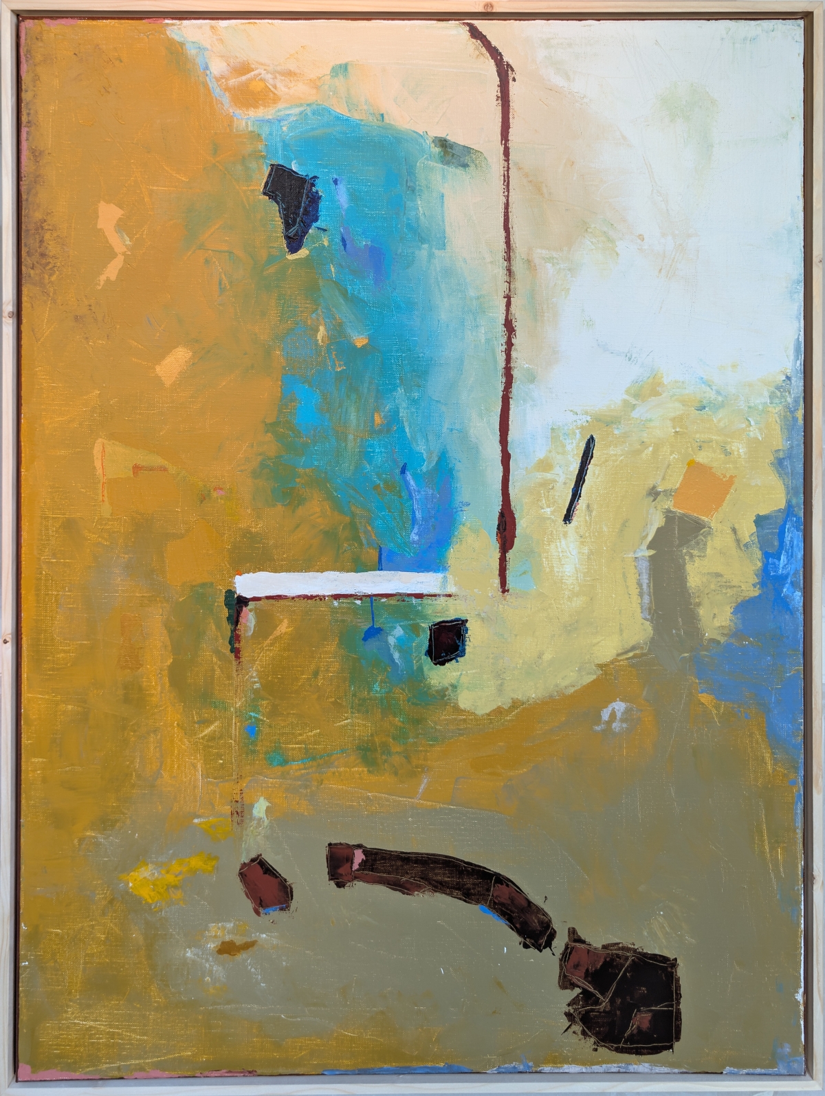 Abstract painting with ochre, teal, and cream fields, a thin maroon vertical line, small dark shapes, and gestural brown marks below.