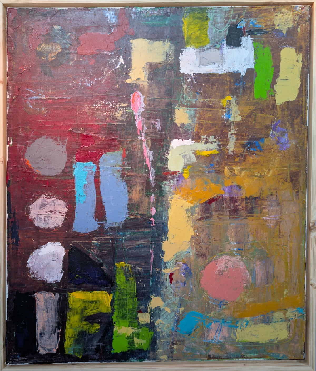 Abstract expressionist painting with deep red and ochre fields, layered with pastel circles, blue and green blocks, and pink accents, thickly textured.