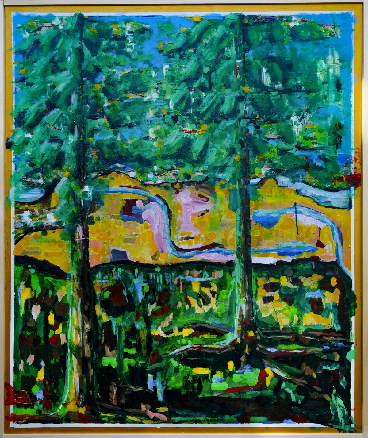Expressionist landscape painting with two tall tree trunks, vivid green foliage, blue sky, and a golden-pink valley with a winding river below.