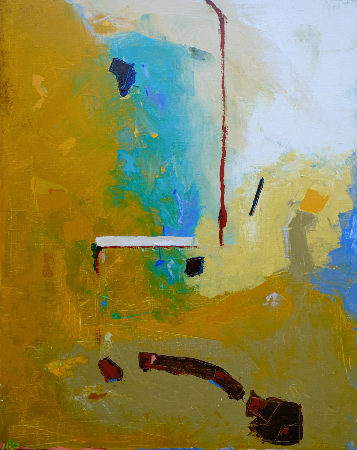 Abstract painting with mustard yellow field, turquoise-blue passage, thin dark red vertical line, and dark brown gestural marks below.