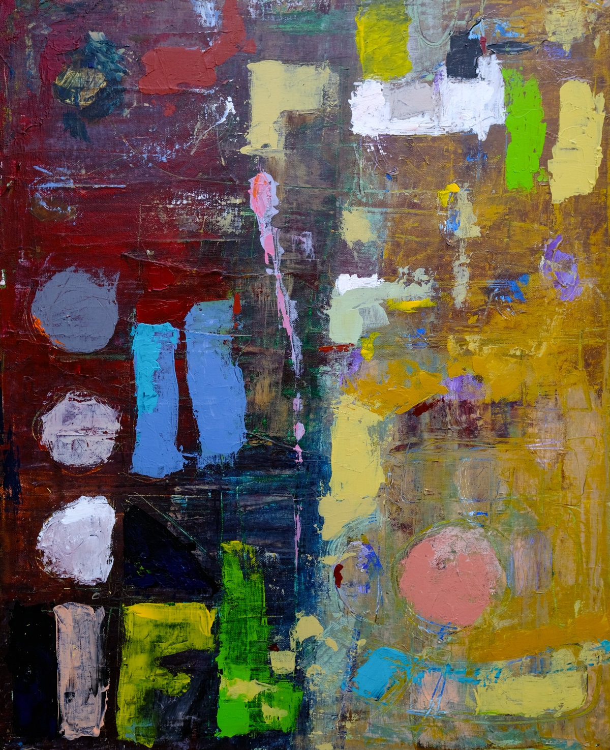Abstract expressionist painting with deep maroon and gold fields, gray and white circles, blue rectangles, and pink orb, thick textured brushstrokes.