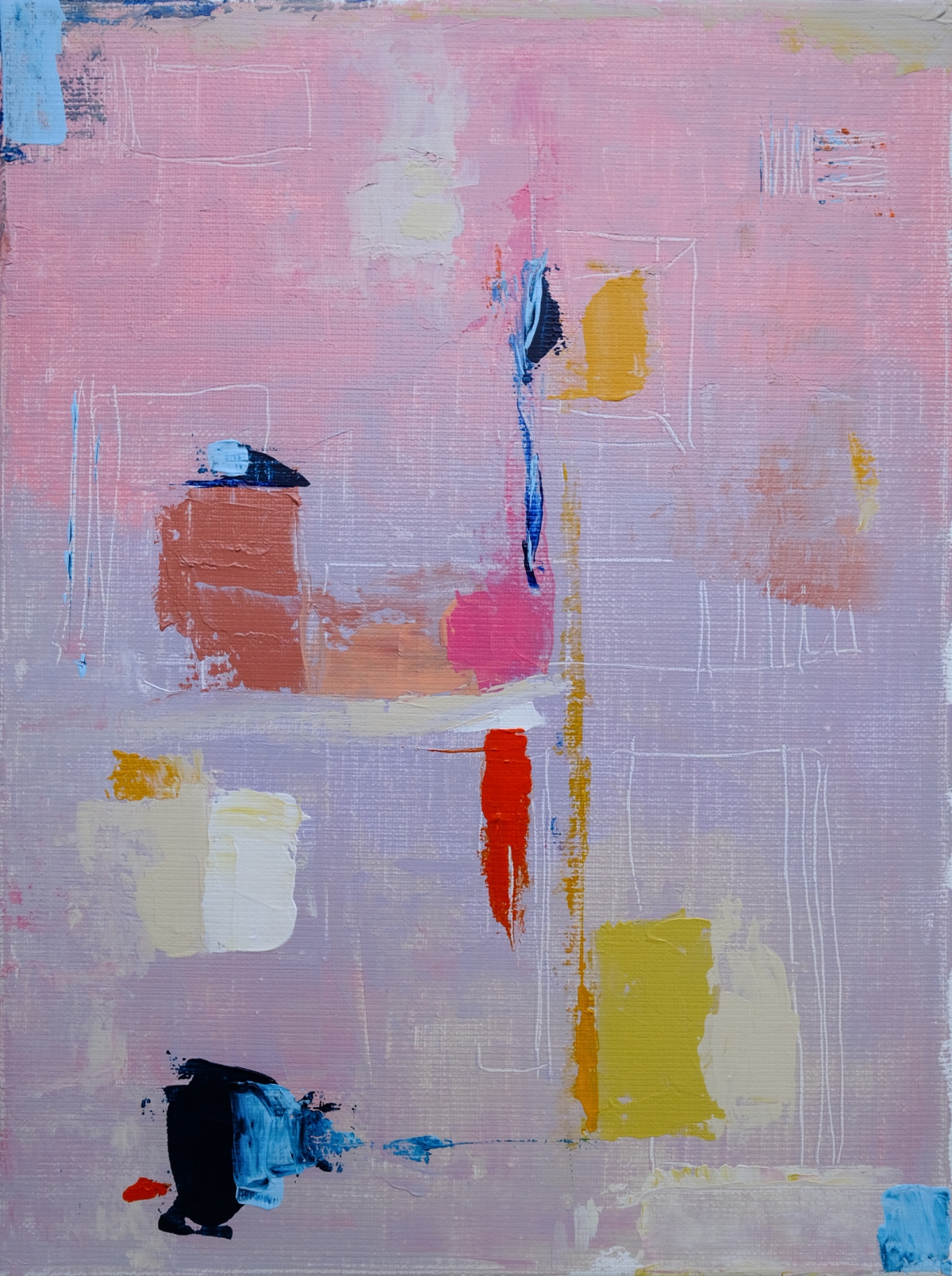 Abstract painting with soft pink and lavender background, geometric blocks of mustard yellow, rust, red, black and blue paint, thin scratched lines.