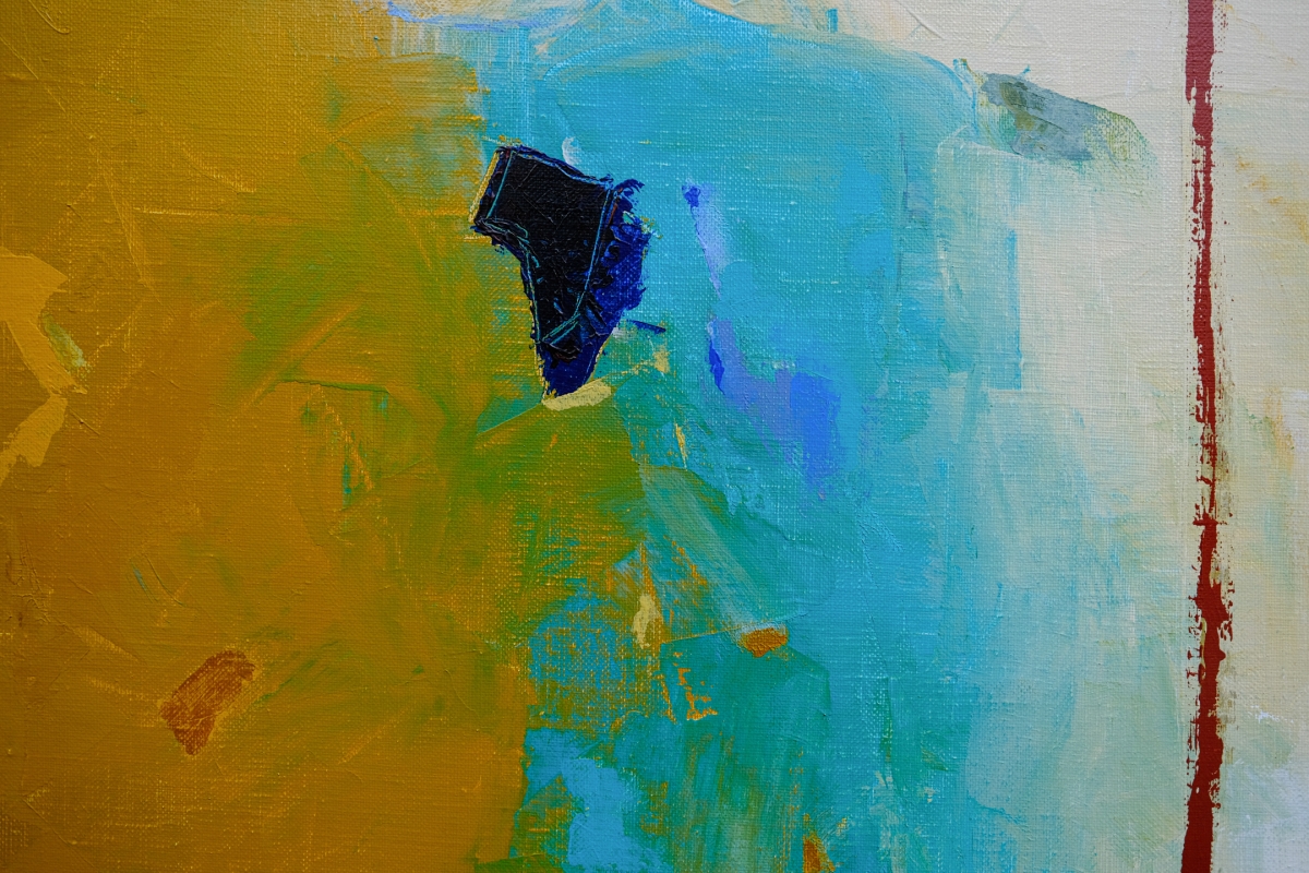 Abstract painting with bold ochre and turquoise fields divided by a dark navy shape, plus a thin red vertical line on cream background.