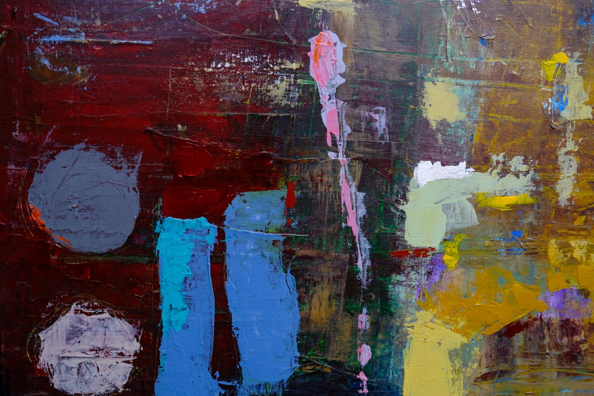 Abstract painting with deep red and dark olive background, blue vertical shapes, gray and white circles, and a pink drip accent.
