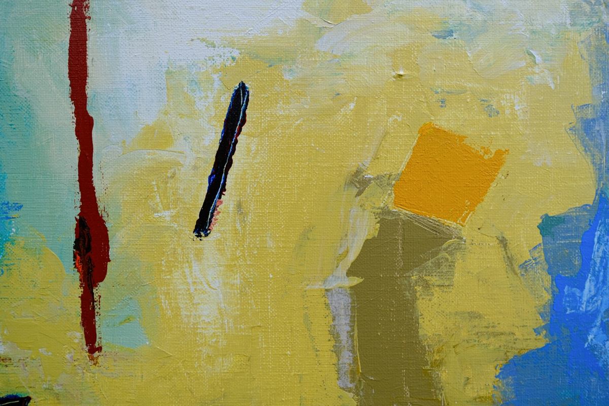 Abstract acrylic painting with mustard yellow background, vertical dark red and black brushstrokes, an orange square, and blue accents.