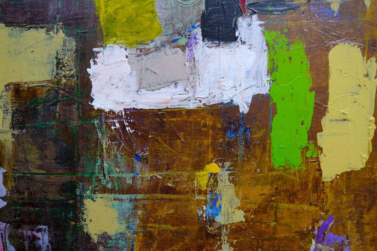 Abstract expressionist painting with thick brushstrokes of white, brown, green, yellow, and black paint over a textured earthy background.
