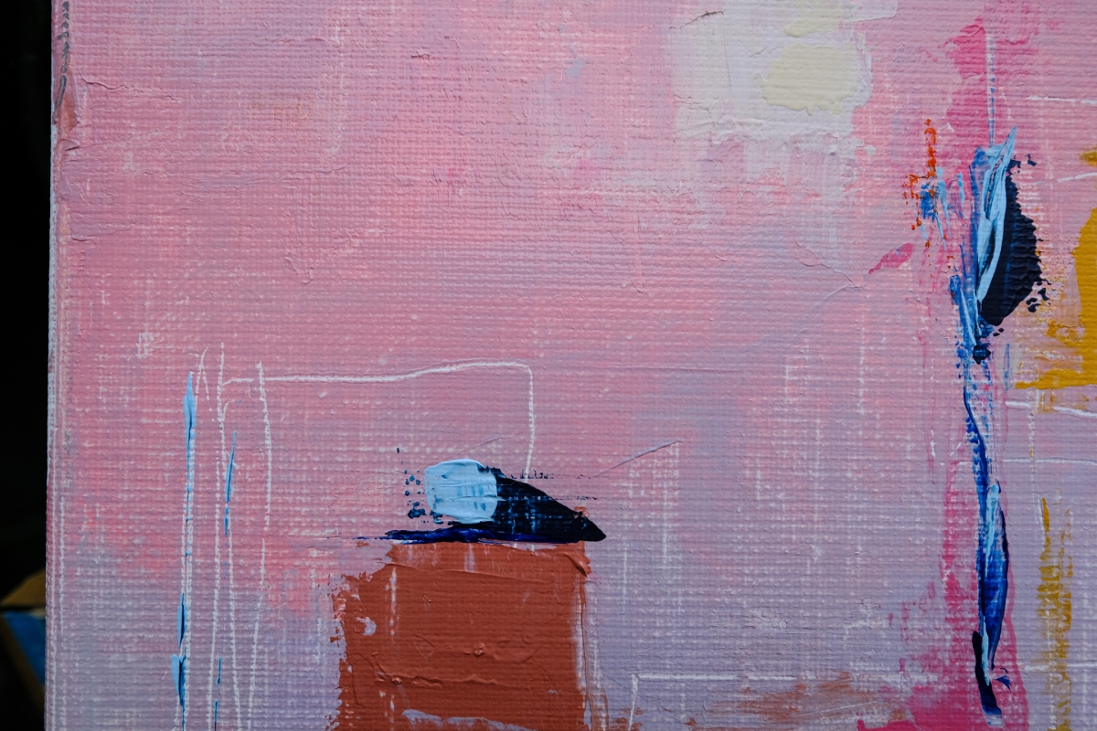 Abstract painting with textured pink background, rust-orange block, dark navy and pale blue shapes, and vertical streaks in the right corner.