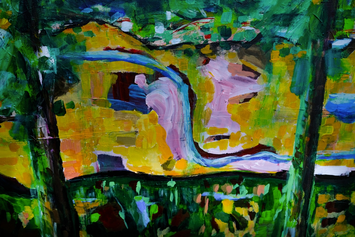 Abstract expressionist painting with a blue winding river through golden-yellow terrain, pink rock formations, and dense green foliage framing the scene.