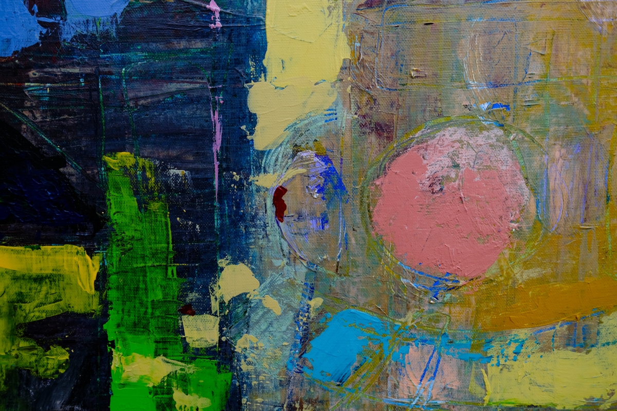 Abstract painting with dark navy background, bright green and yellow blocks, a pink circular form, and ochre tones with loose brushstrokes.
