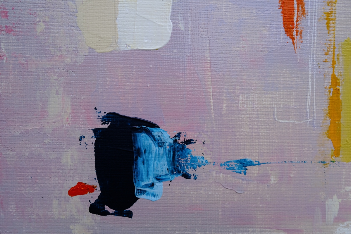 Abstract painting with a lavender-pink background, textured brushstrokes of black and blue in center, orange accents, and yellow-orange drips on right edge.