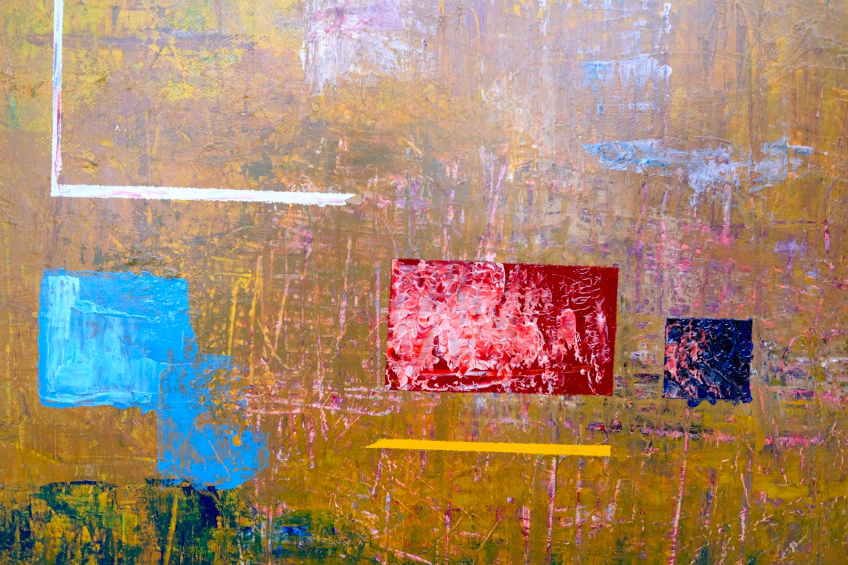 Abstract painting with textured ochre background, blue rectangle, red panel, small navy square, white L-shaped line, and yellow bar accents.
