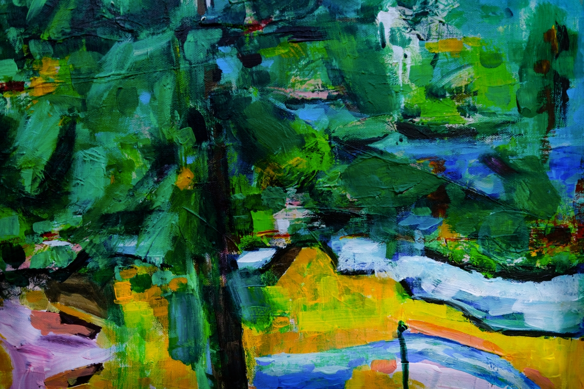 Abstract expressionist landscape painting with bold green foliage, orange and blue accents, thick textured brushstrokes suggesting trees and water.