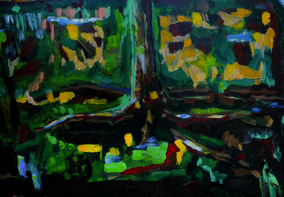 Abstract expressionist painting of a dark forest scene with a tree trunk, vibrant green foliage, and dappled yellow, blue, and red light patches.