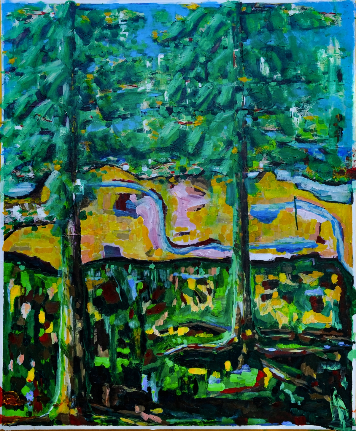 Expressionist landscape painting with two tall pine trees framing a golden valley, winding river, and dense green foliage under blue sky.