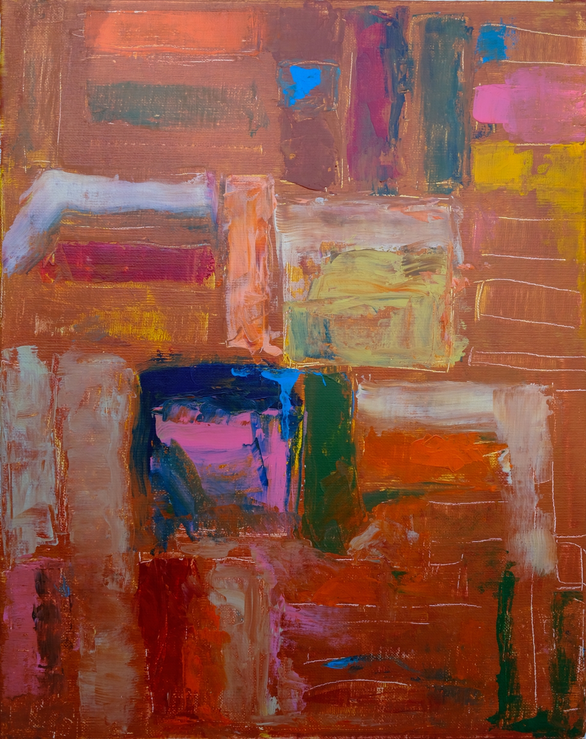 Abstract expressionist painting with rust-orange background and geometric blocks of blue, magenta, yellow-green, and white in gestural brushstrokes.