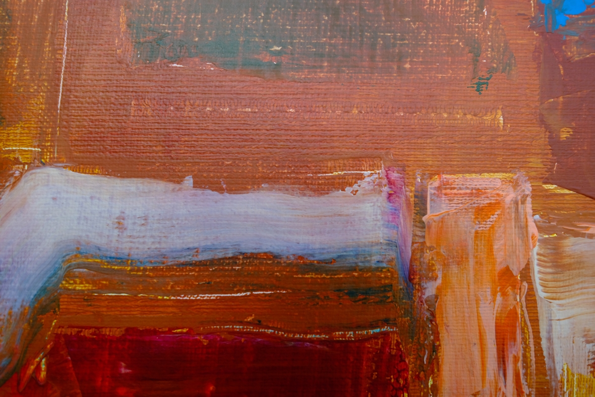 Abstract textured painting with layered brushstrokes in warm burnt orange, rust, and deep red tones, contrasted by a pale blue-white horizontal band.
