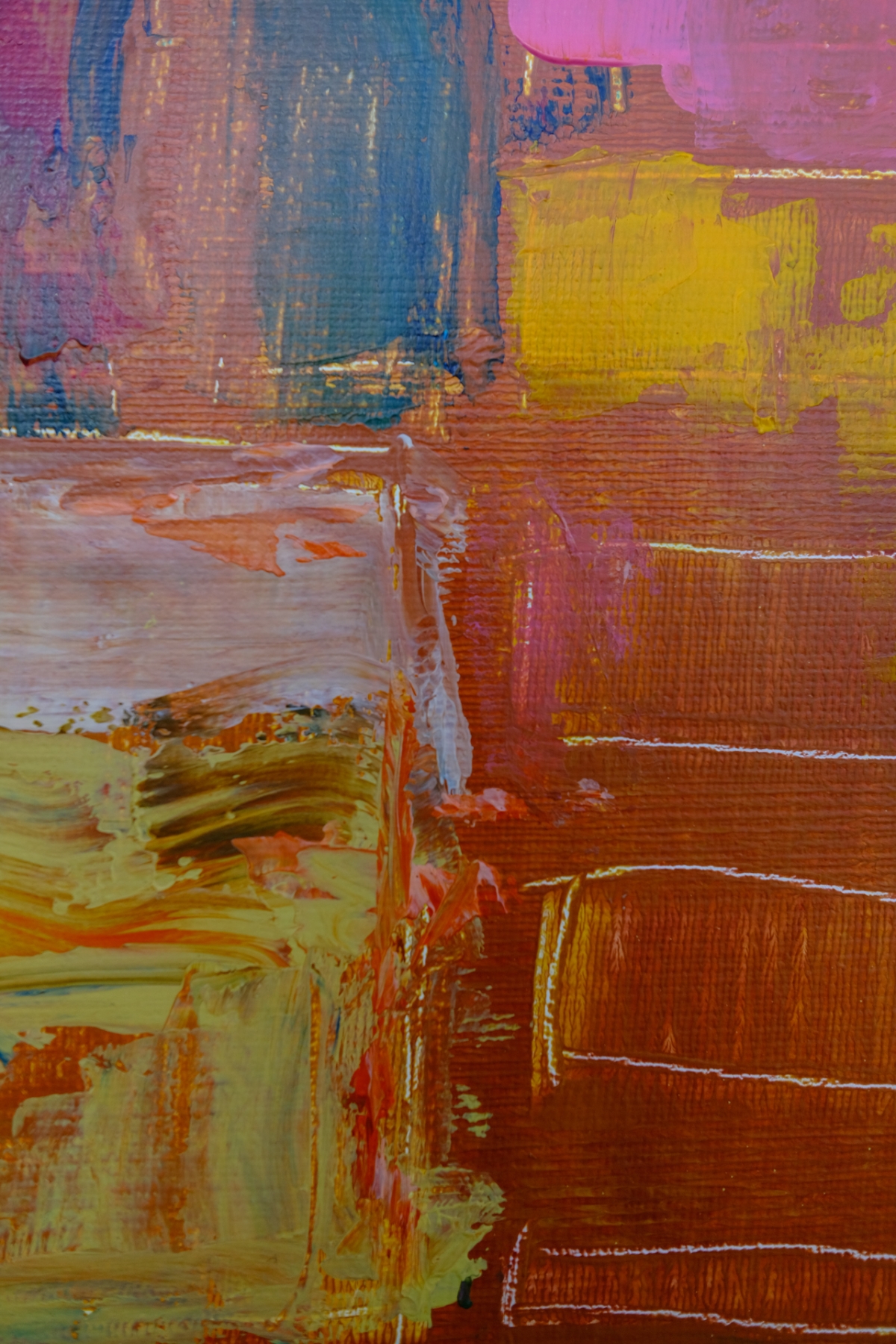 Abstract acrylic painting with thick impasto strokes in blue, magenta, mustard yellow, and burnt orange, textured canvas visible throughout.