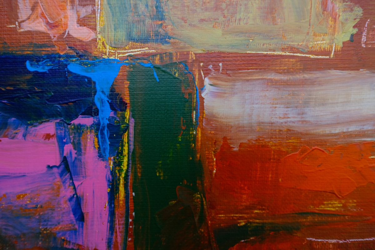 Abstract painting with bold blocks of color: navy blue, magenta, dark green, orange-red, and pale sage, showing thick expressive brushstrokes and texture.