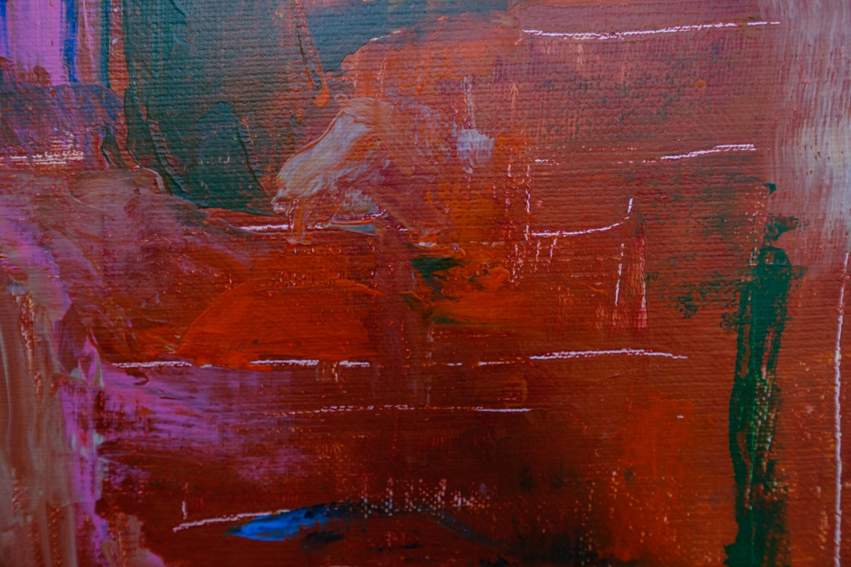 Abstract painting with rich rust-orange tones, teal and green accents, magenta edges, and thin white horizontal line details on textured canvas.