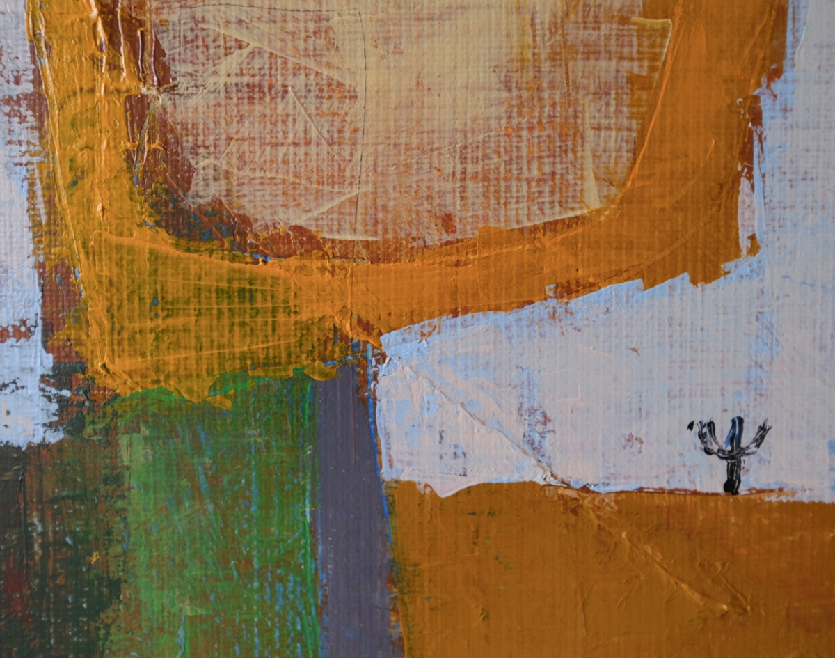 Abstract painting with bold orange arc, green and blue-gray vertical blocks, pale sky-like background, and small black bird-like mark.