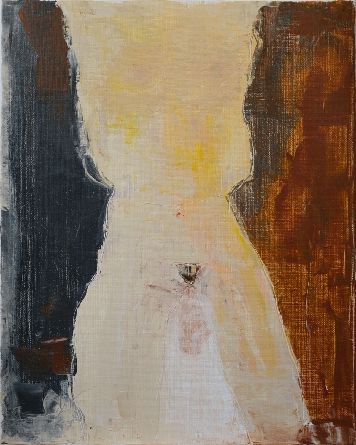 Abstract painting with dark charcoal and rust-brown vertical masses framing a luminous cream-yellow center, a small white cone shape rising from the base.