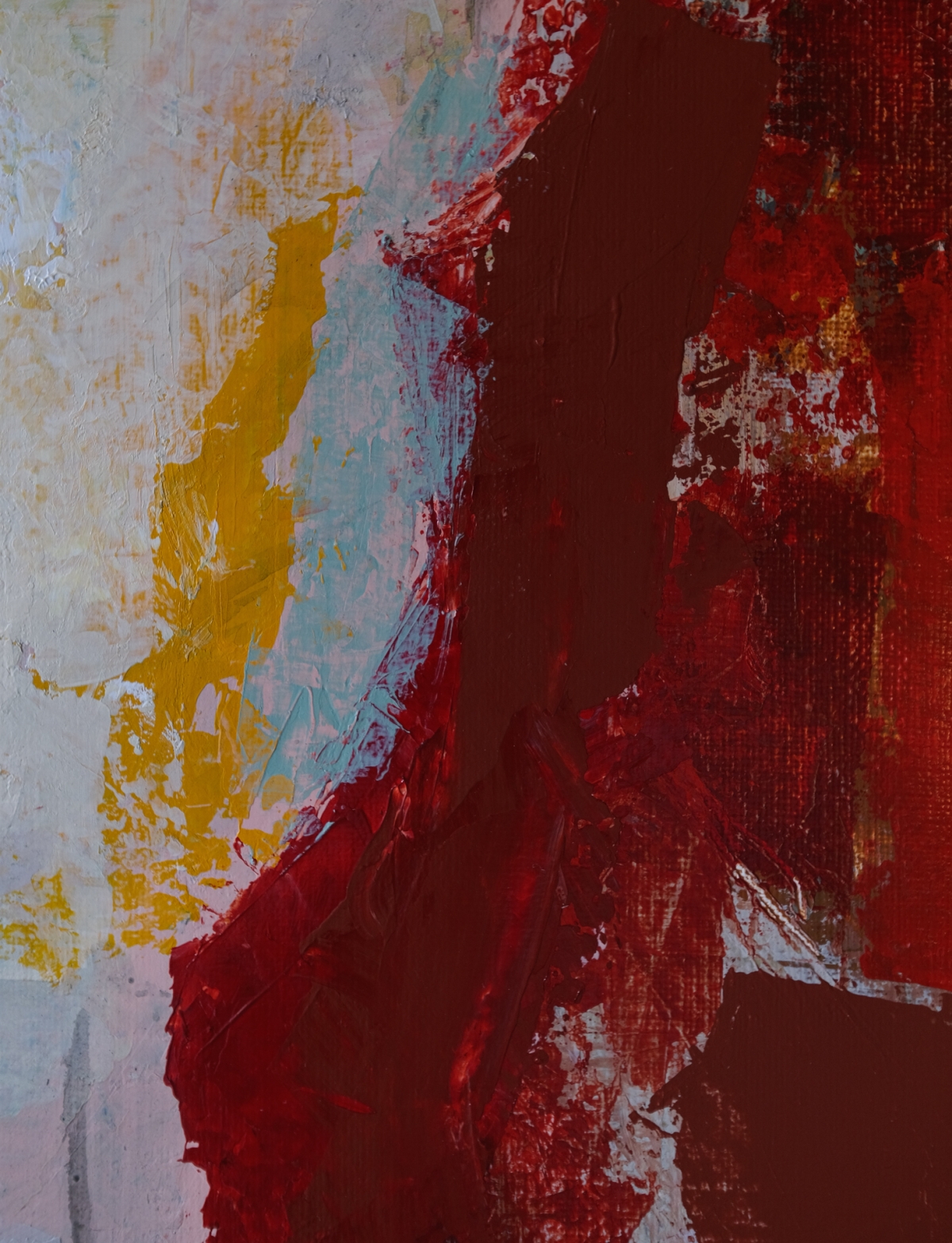 Abstract expressionist painting with bold deep red and maroon vertical strokes contrasting a pale white, yellow, and light blue left section.