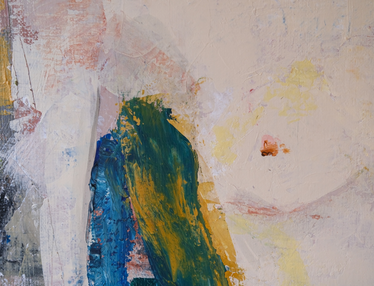 Abstract painting with a bold teal and mustard-yellow brushstroke rising through a soft cream background, accented by pale pink and blue tones.