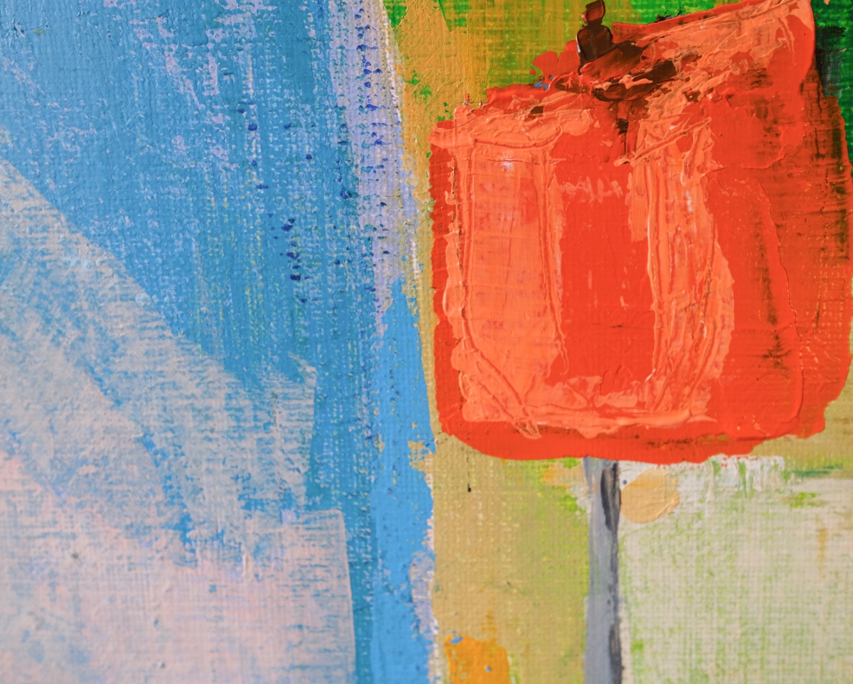 Abstract acrylic painting with thick orange square shape on right, blue vertical strokes on left, and green, yellow textured background sections.