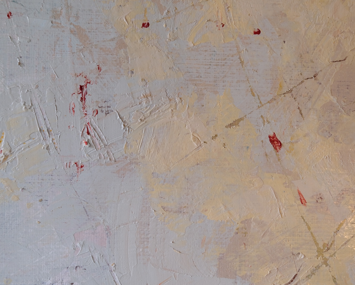 Close-up of textured abstract painting with thick cream and beige impasto strokes, accented by scattered small red paint marks.