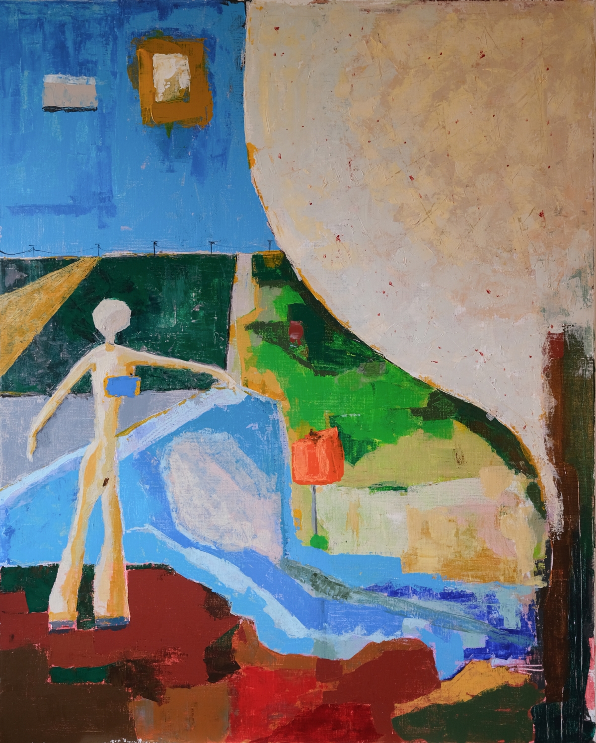 Abstract painting of a pale humanoid figure standing on red-brown ground, arm outstretched, before a blue sky, green fields, and large tan curved shape.