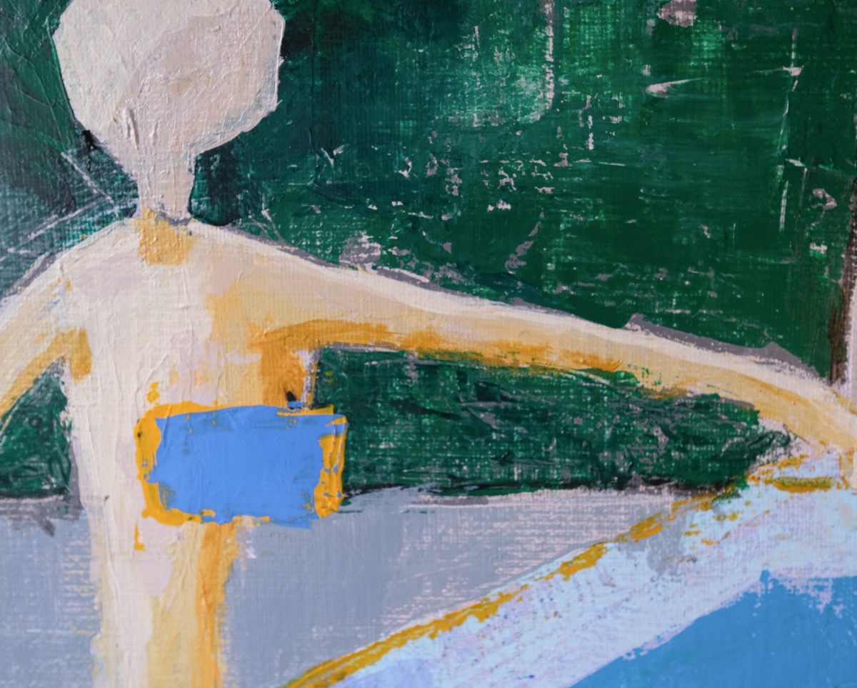 Abstract painting of a figure with a pale head and outstretched arm outlined in gold, blue rectangle accent, set against a dark green background.